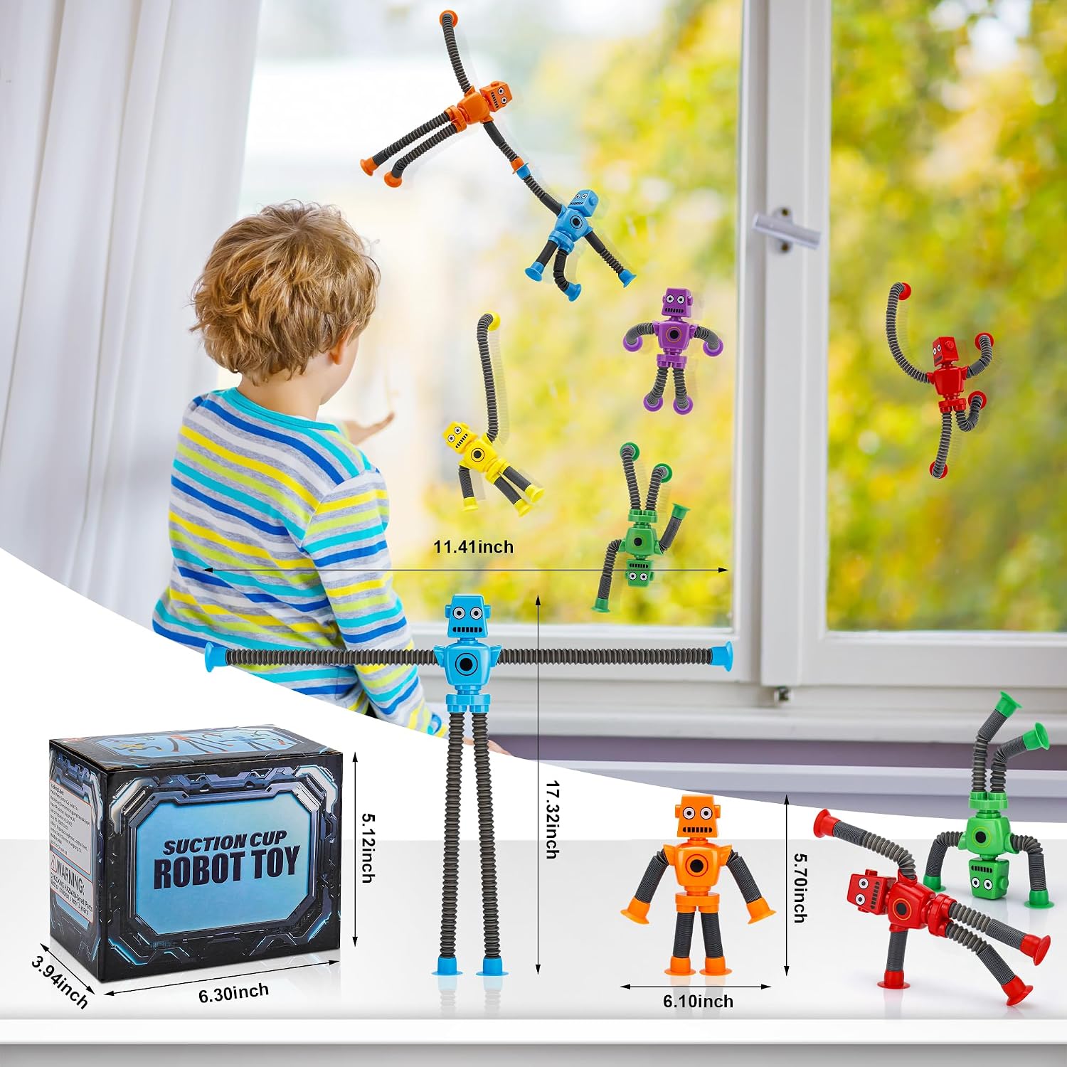 Robot Sensory Pop Tubes Toys 6PCS for Toddlers Boys Age 3-8, Suction Cup Stretchy Fidget Toy, Travel Toys, Autism