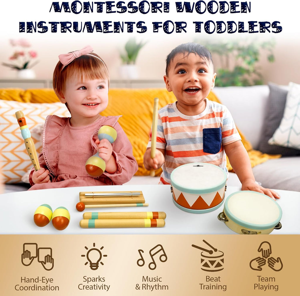 Toddler Musical Instruments - Montessori Wooden Musical Toys for Toddlers 1-3 | Modern Boho Baby Drum Set with