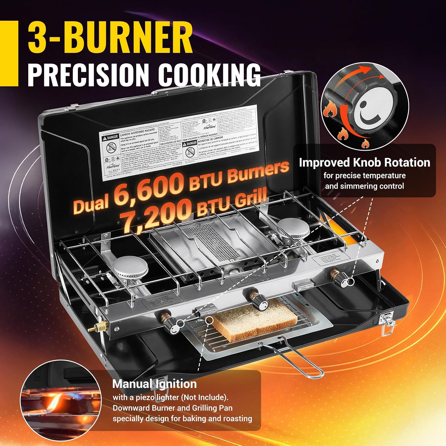 Camping Stove, Propane Portable Camp Stove, 20400BTU-3 Burners | With Toaster & Regulator, Push-Button Instant