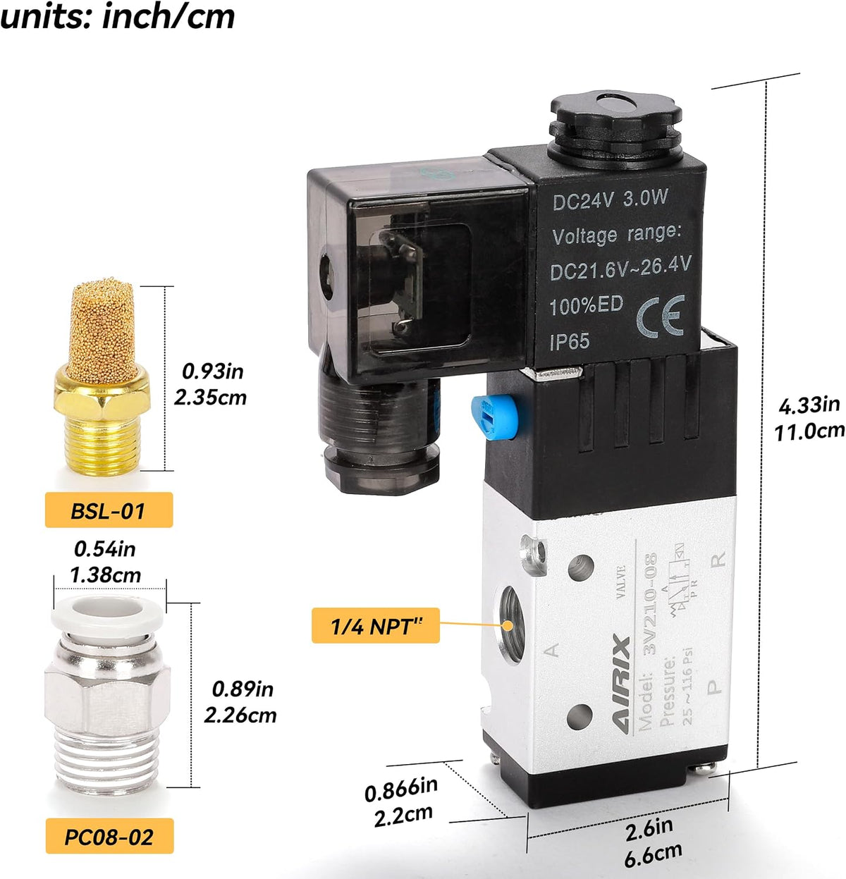 1/4" NPT Solenoid Valve 3V210-08, 3-Way N.C., DC 24V, DIN