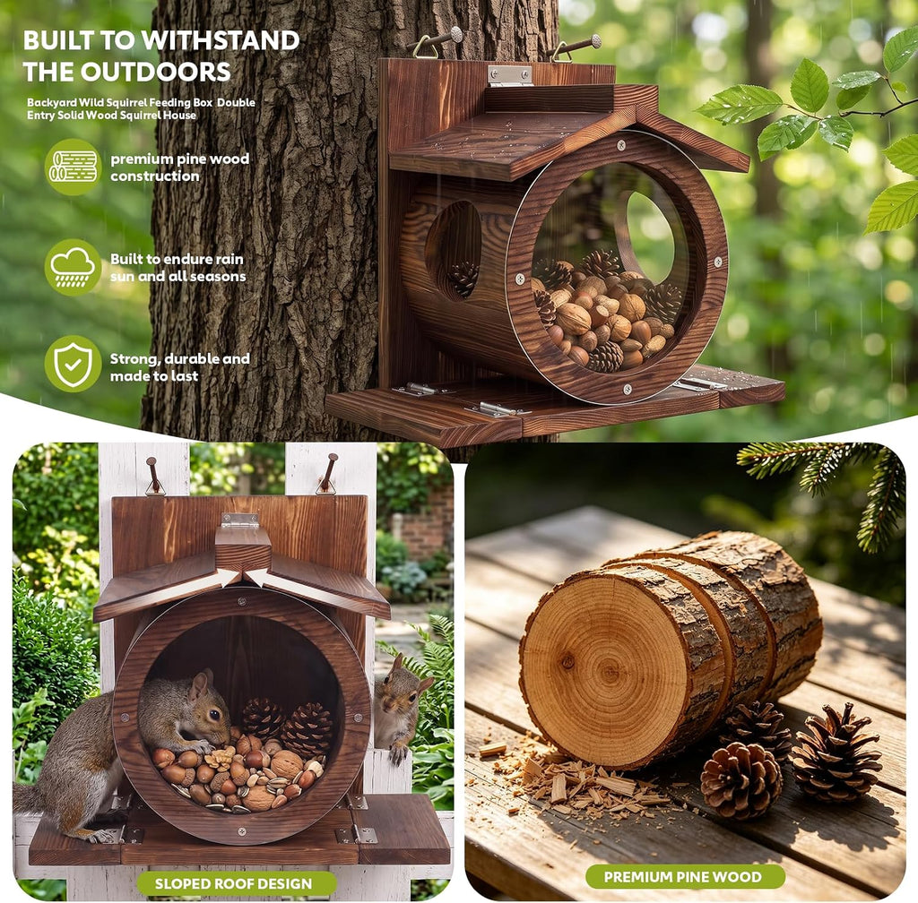 Wooden Squirrel Feeders for Outside, Backyard Feeding House