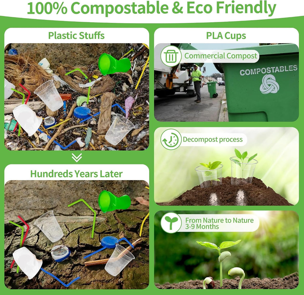 16 OZ Compostable Clear Plastic Disposable Iced Coffee Cups with Flat Lids, Biodegradable Cold Drinking To Go Coffee