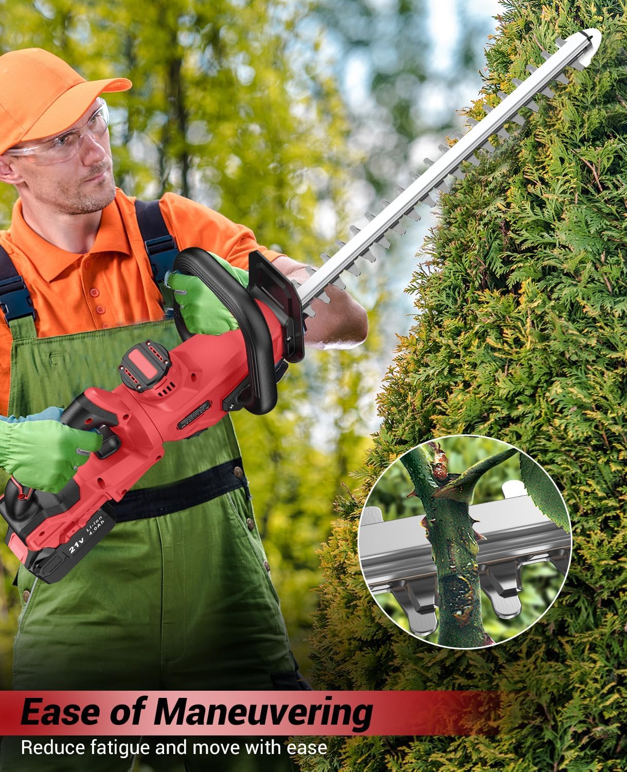 Hedge Trimmer Cordless, 21V Electric Hedge Trimmer with 4000mAh Rechargeable Battery, 14" Dual-Action Blades, 180°