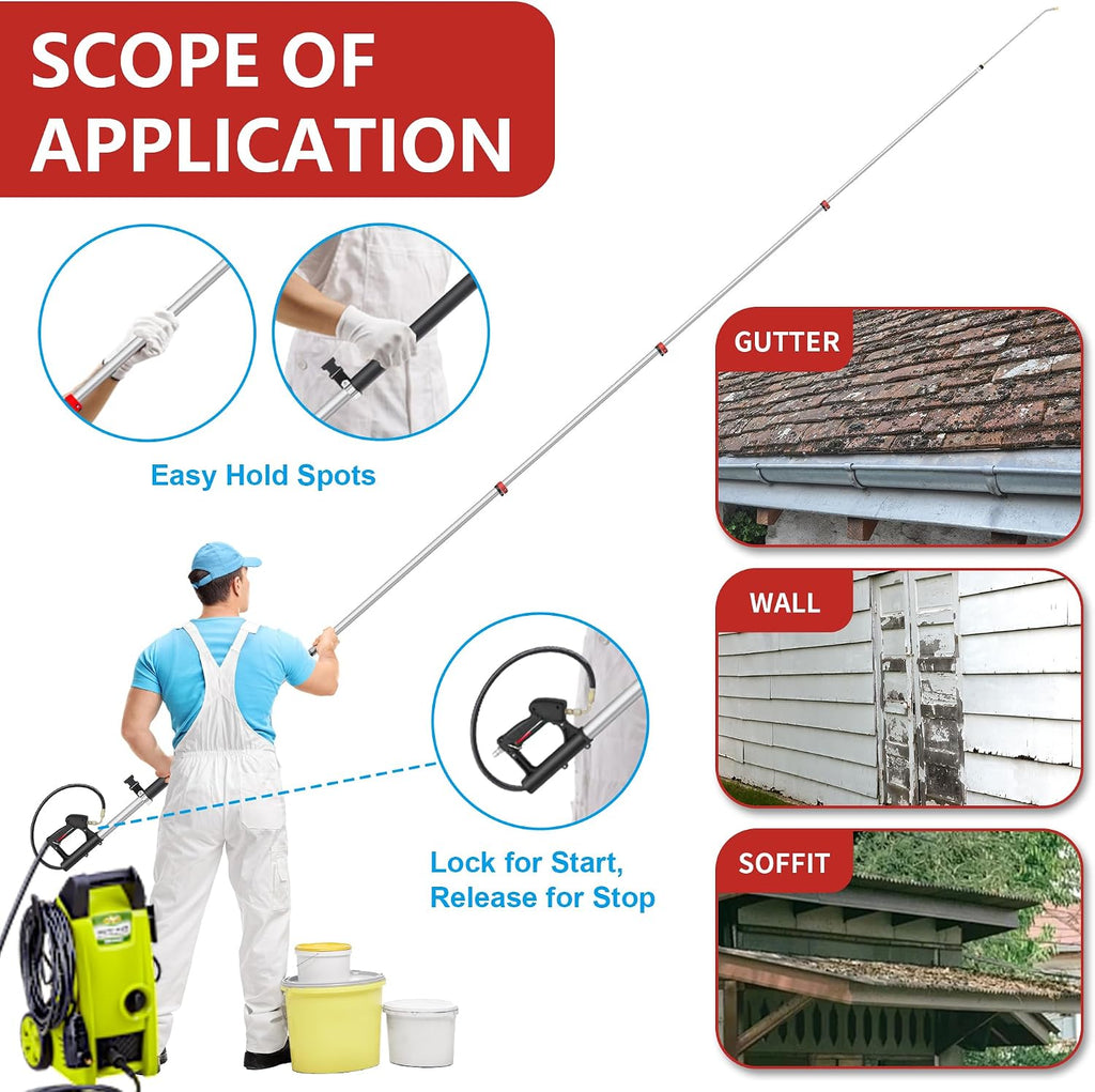 24 FT Gutter Cleaning Tools from The Ground - Telescoping Pressure Washer Wand - Gutter Cleaner Attachment with Power