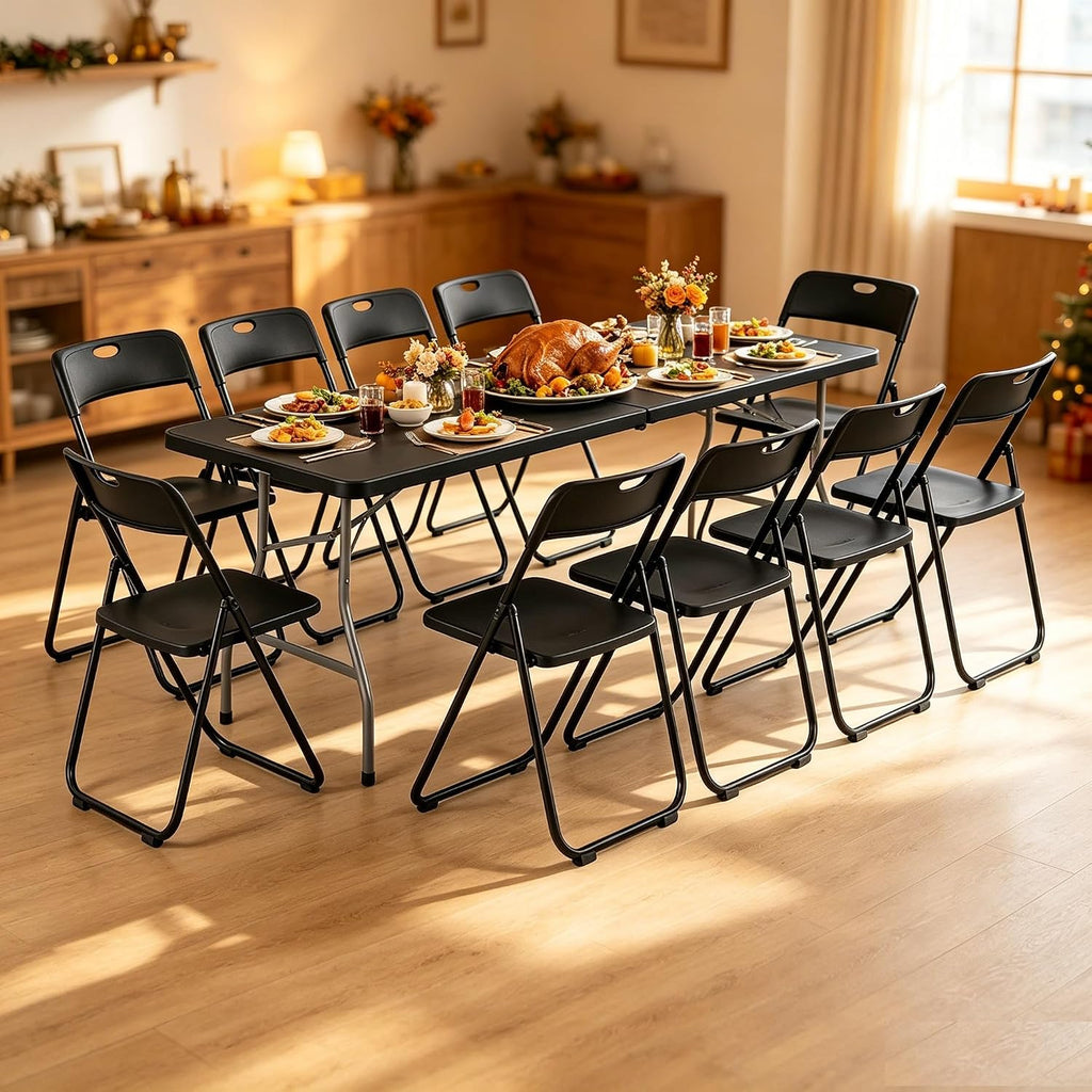Black 8 FT Foldable Table with 10 Folding Chairs, 9-Piece Plastic Folding Table Chairs Outdoor Patio Furniture Sets