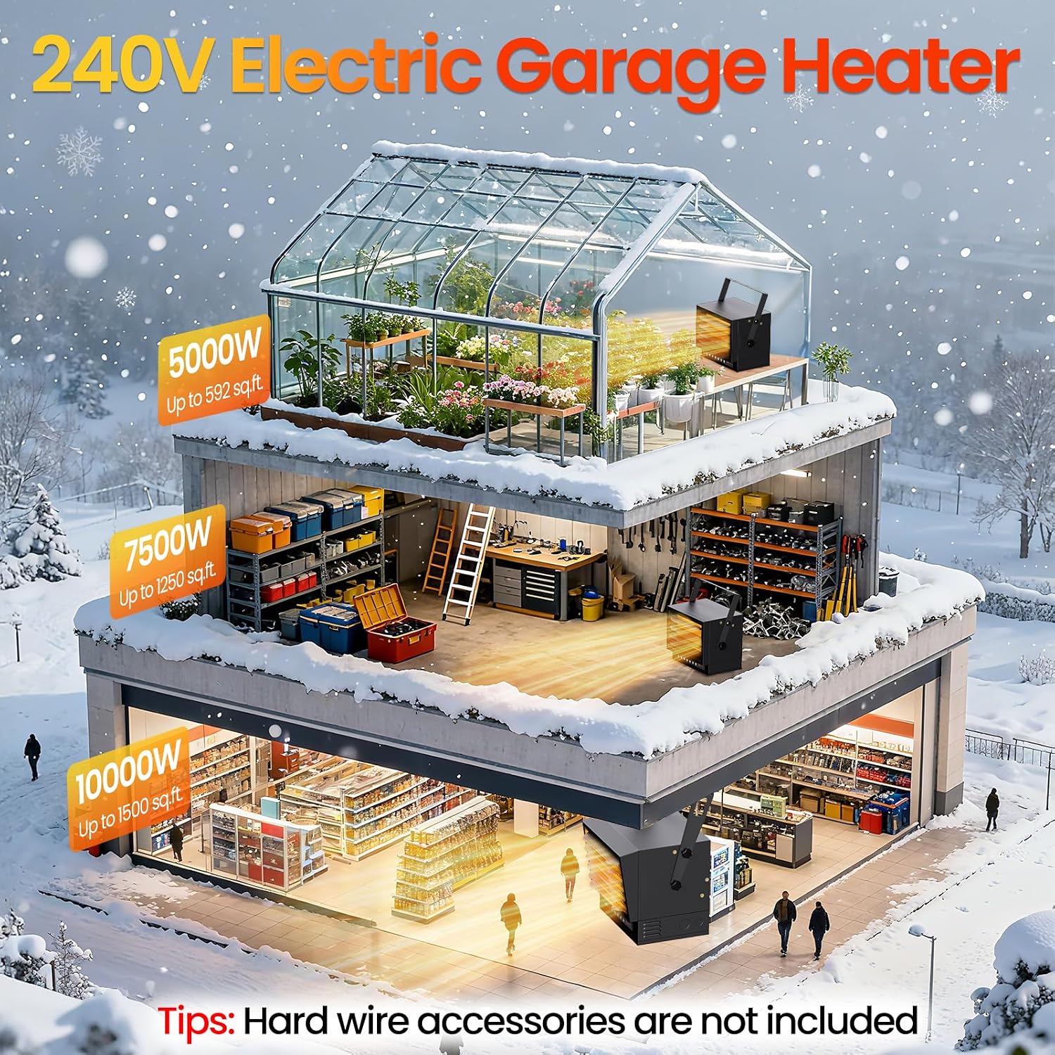 7500W Electric Garage Heater with Remote, 240V Hardwired Shop Heater | ECO Mode, 12H Timer, Ceiling Mount Design