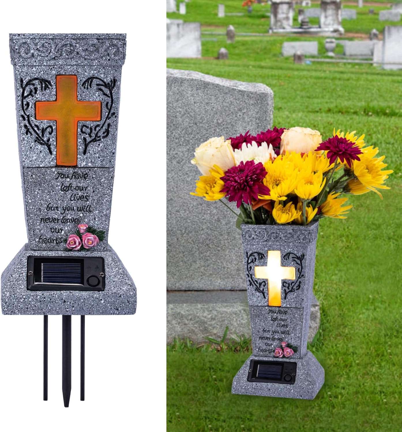 Solar Cemetery Vase for Grave Decor - Waterproof Memorial Flower Holder with LED Cross Light - Sympathy Gifts for
