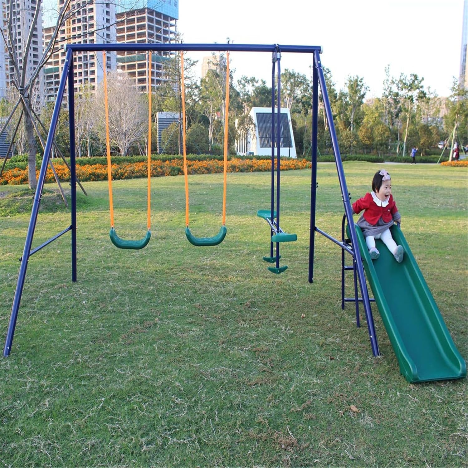 Heavy Duty A-Frame Metal Swing Set with Slide, 2 Weather-Resistant Seats, Easy Assembly, Perfect for Kids Ages 3-8