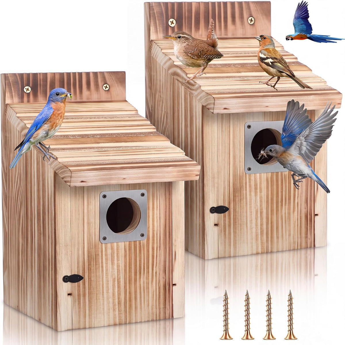 Bluebird Houses for Outside, 1-1/2” Entrance Hole Wooden Bird Houses for Outdoor with Metal Predator Guard, Secure