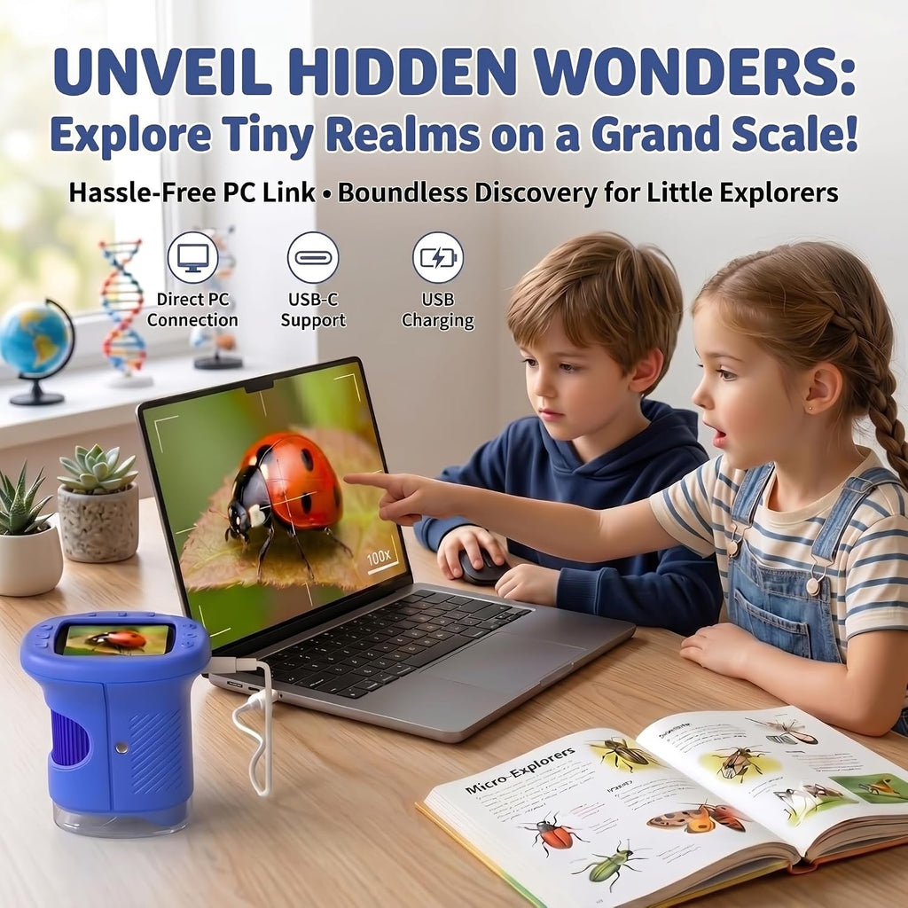 Kids Microscope, 1000X Handheld Digital Pocket Microscope with 2.4" IPS Screen & 8 LEDs, Rechargeable STEM