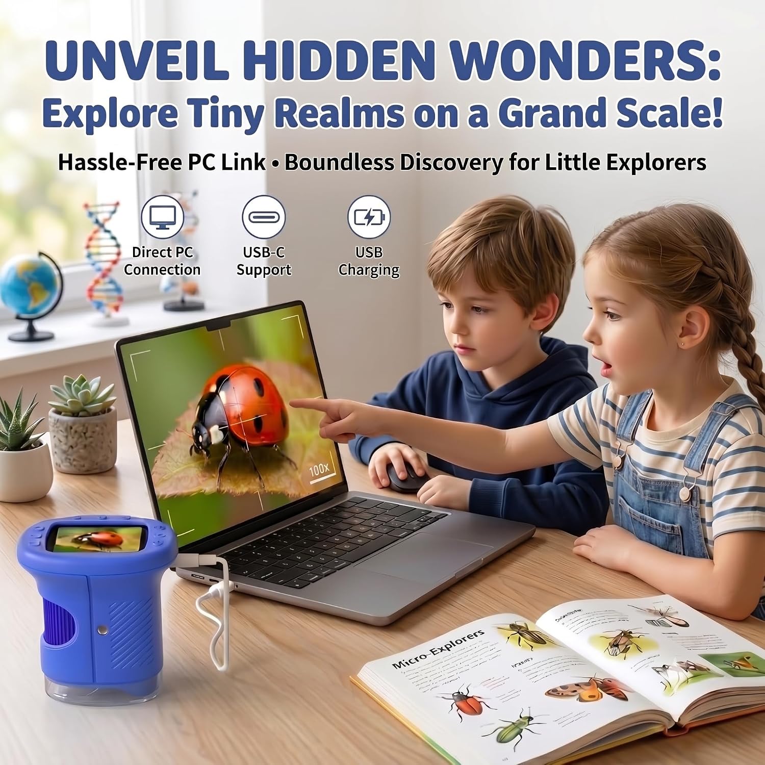 Kids Microscope, 1000X Handheld Digital Pocket Microscope with 2.4" IPS Screen & 8 LEDs, Rechargeable STEM