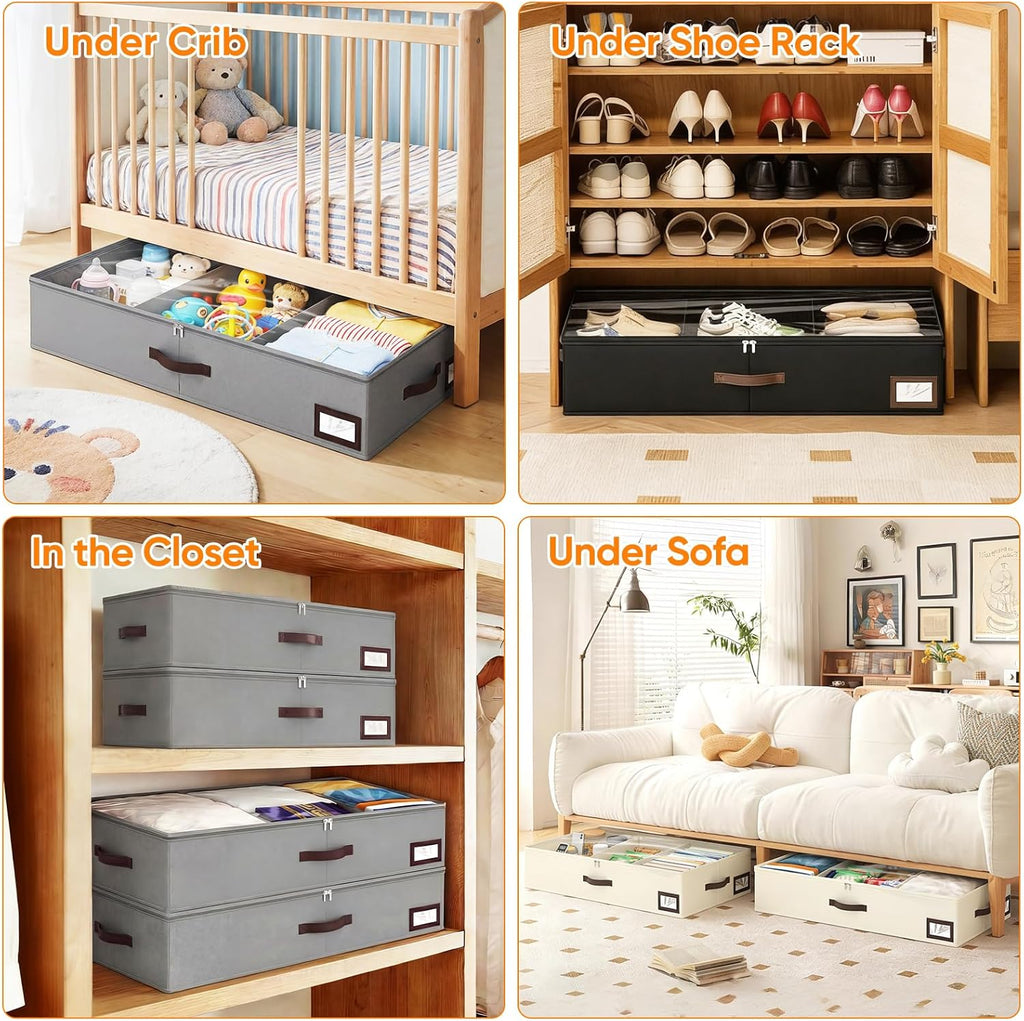 2 Pack 53L Under Bed Storage with Adjustable Dividers, 6" Low Profile Underbed Storage Bins for Comforters & Clothes