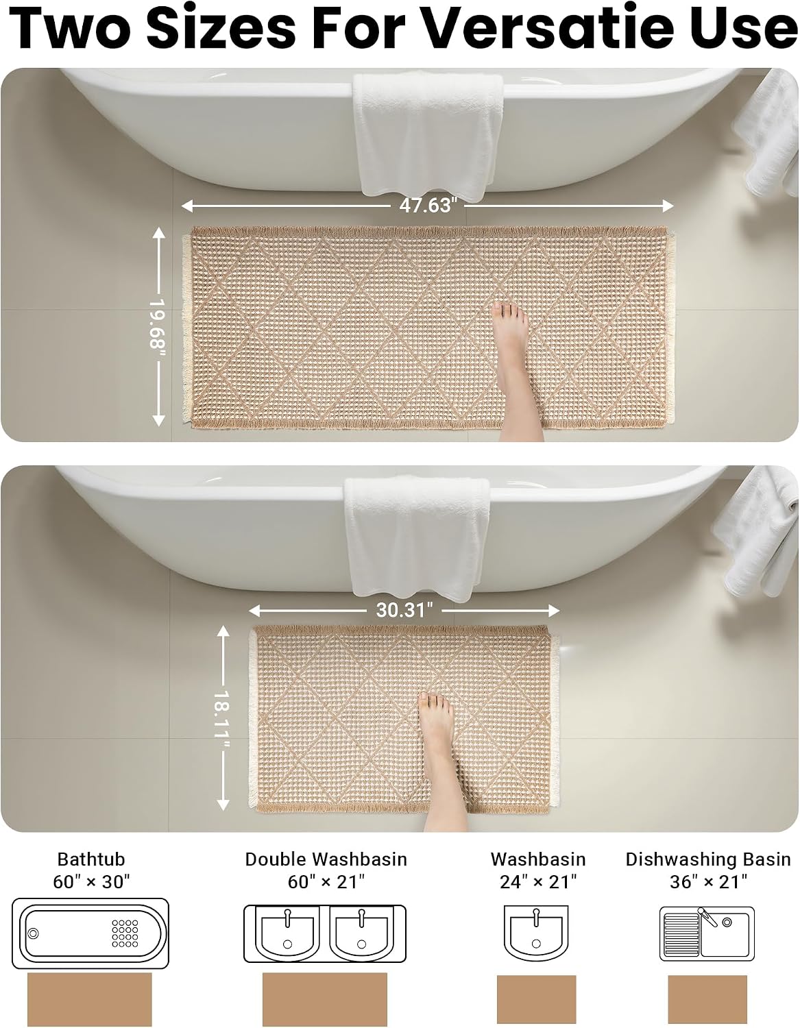 Waffle Bath Mat Set, Non Slip Bathroom Rugs 2 Piece, Brown & White | Ultra Absorbent Long Bath Rug Runner for