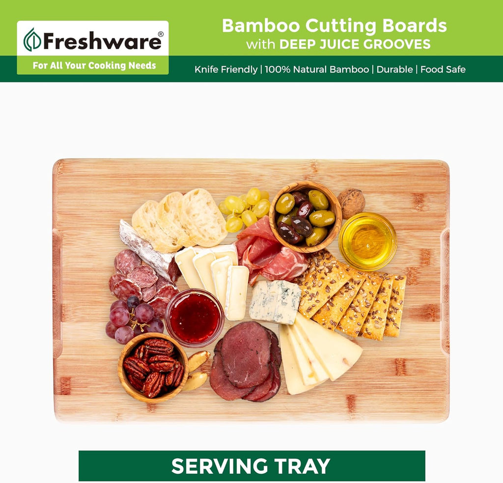 Wood Cutting Boards for Kitchen - Bamboo Cutting Board Set of 3, Cutting Boards with Juice Grooves, Serving Board