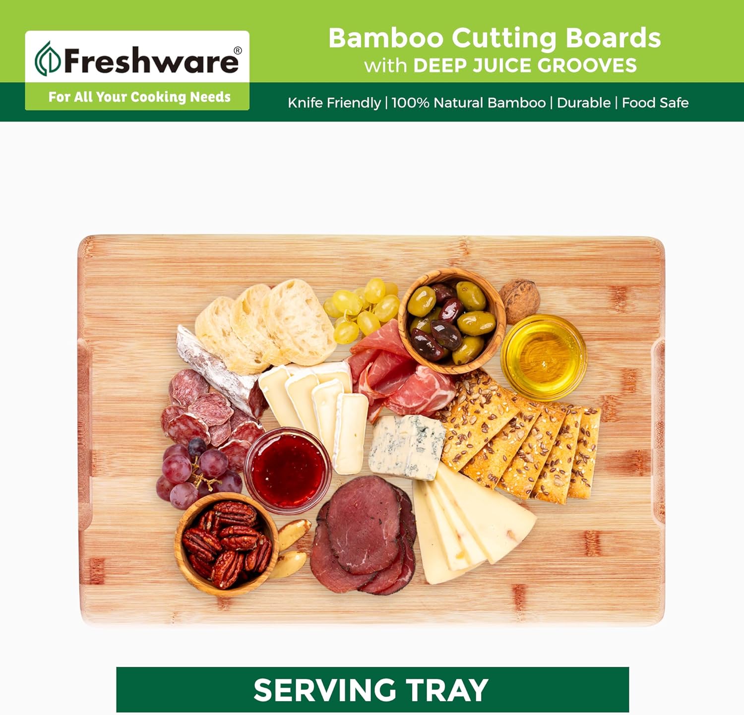 Wood Cutting Boards for Kitchen - Bamboo Cutting Board Set of 3, Cutting Boards with Juice Grooves, Serving Board
