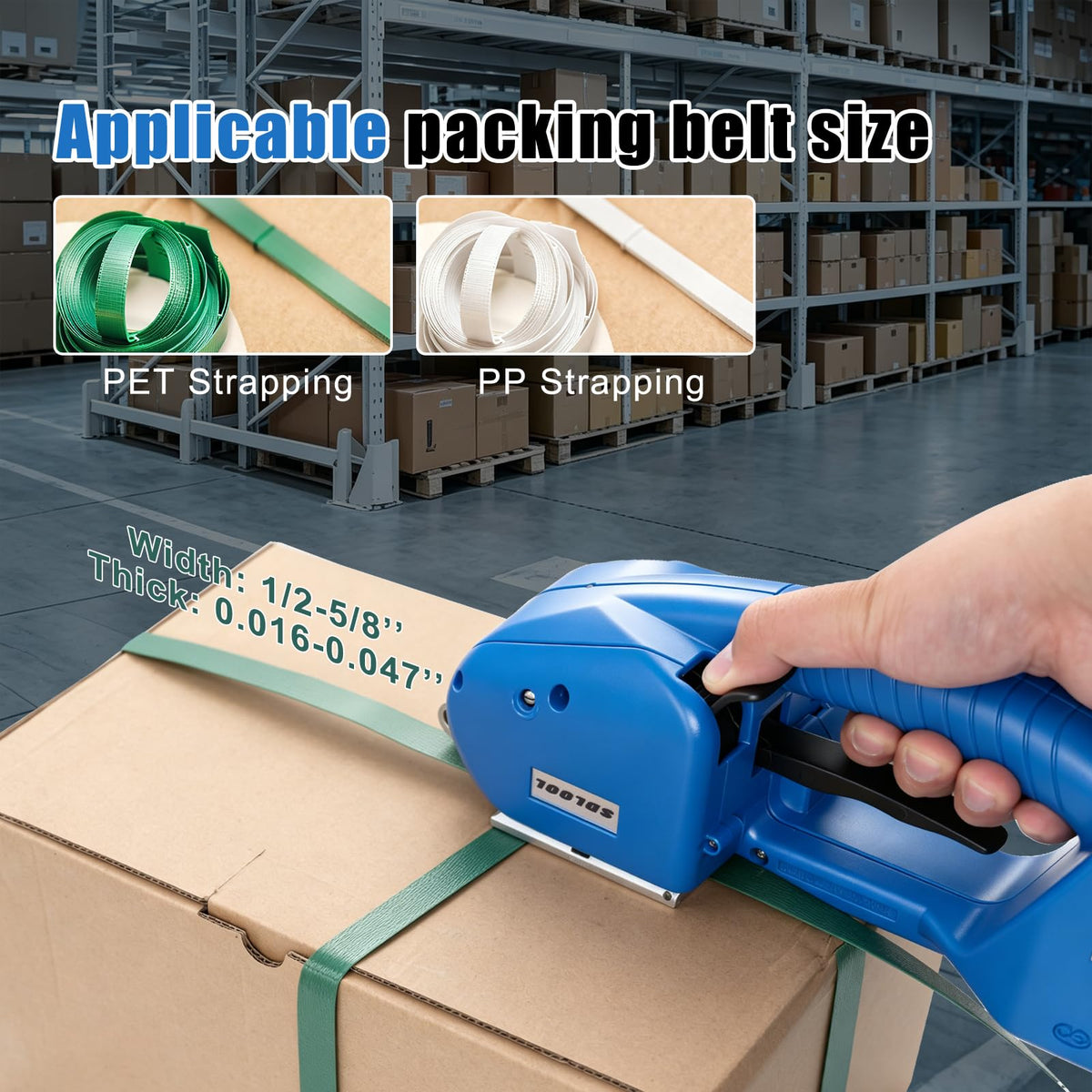Electric Strapping Machine for 1/2-5/8in PP/PET Straps, Automatic Handheld Strapping Tool with Two Batteries, Semi