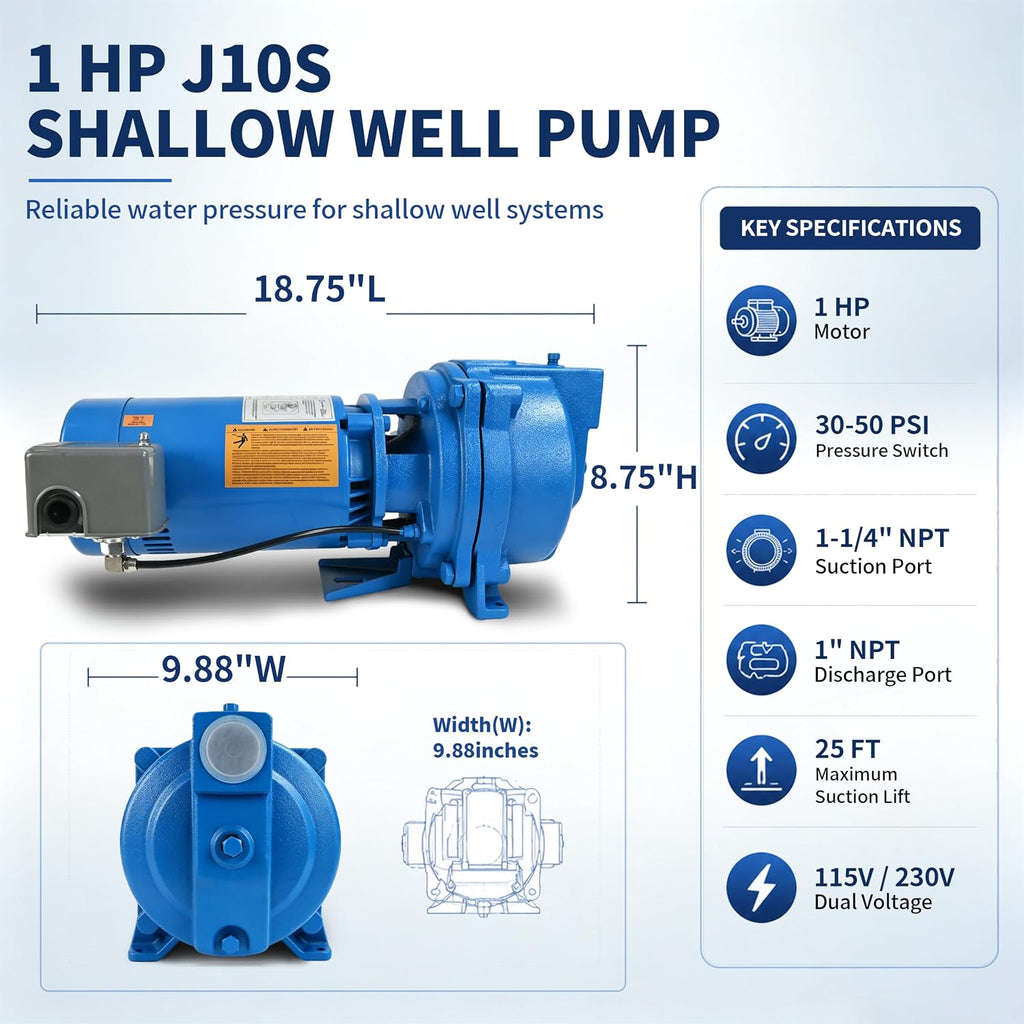 J10S Shallow Well Jet Pump, 1 HP Self-Priming Cast Iron Water Pump