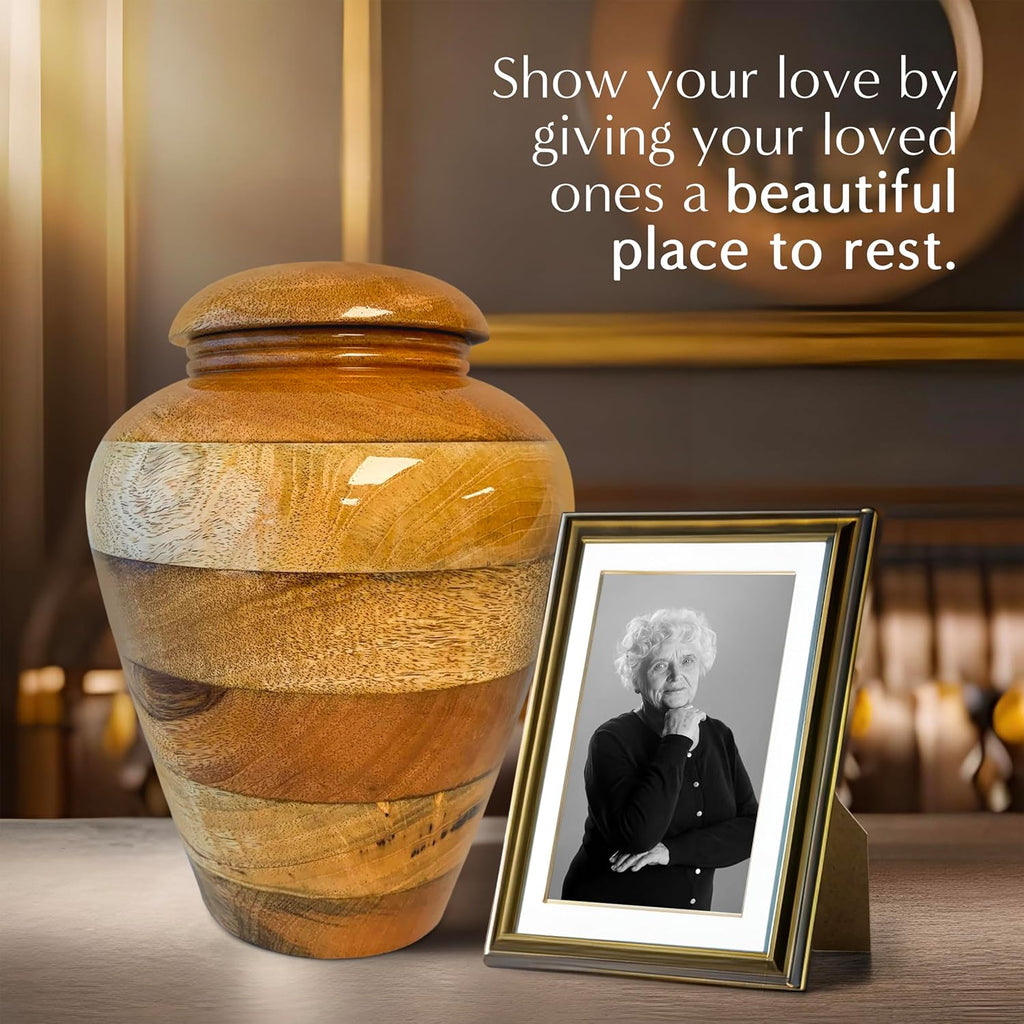 Handcrafted Mango Wood Urn for Human Ashes – Large Wooden Cremation Urn for Adult Men & Women – Natural Memorial Urn
