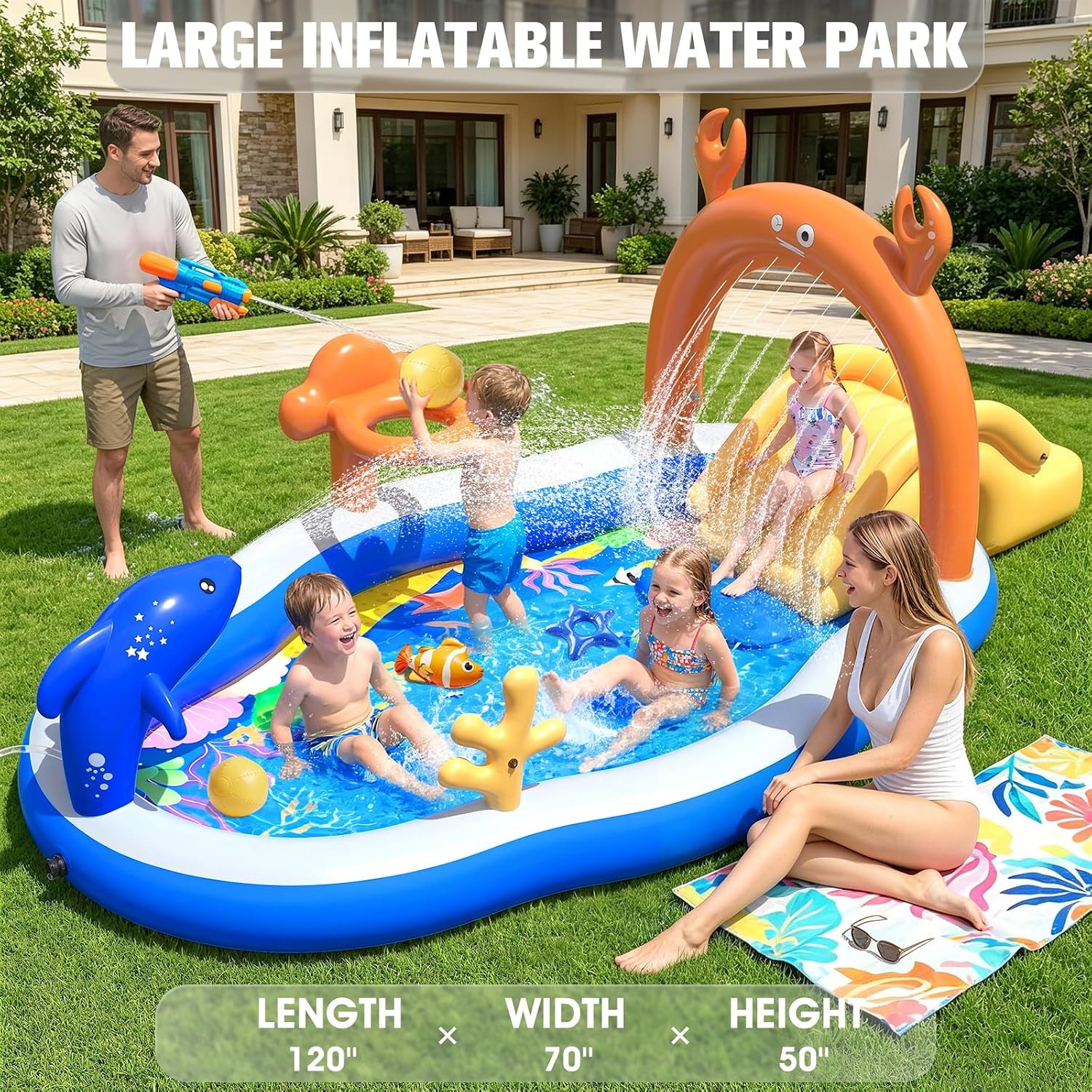 2026 Large Inflatable Play Center,Toddler Pool with Water Slide&Sprinkler,120"x70"x50"Inflatable Kiddie Pool with