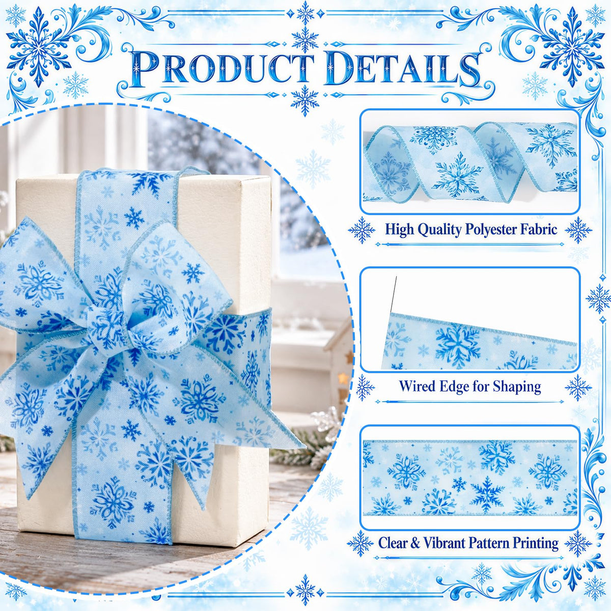 Winter Snowflake Wired Ribbon 2 Rolls, Snowflake Fabric Ribbon