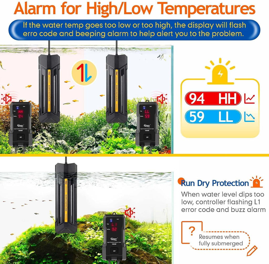 1000W Aquarium Heater with Controller, Adjustable & Submersible Fish Tank Heater with Digital Display Safety Triple