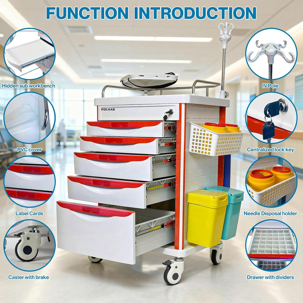 Medical Crash Cart with Emergency Accessory - Cardiac Board, IV Pole, O2 Holder, Power Strip, Trash Bin, Drawers with