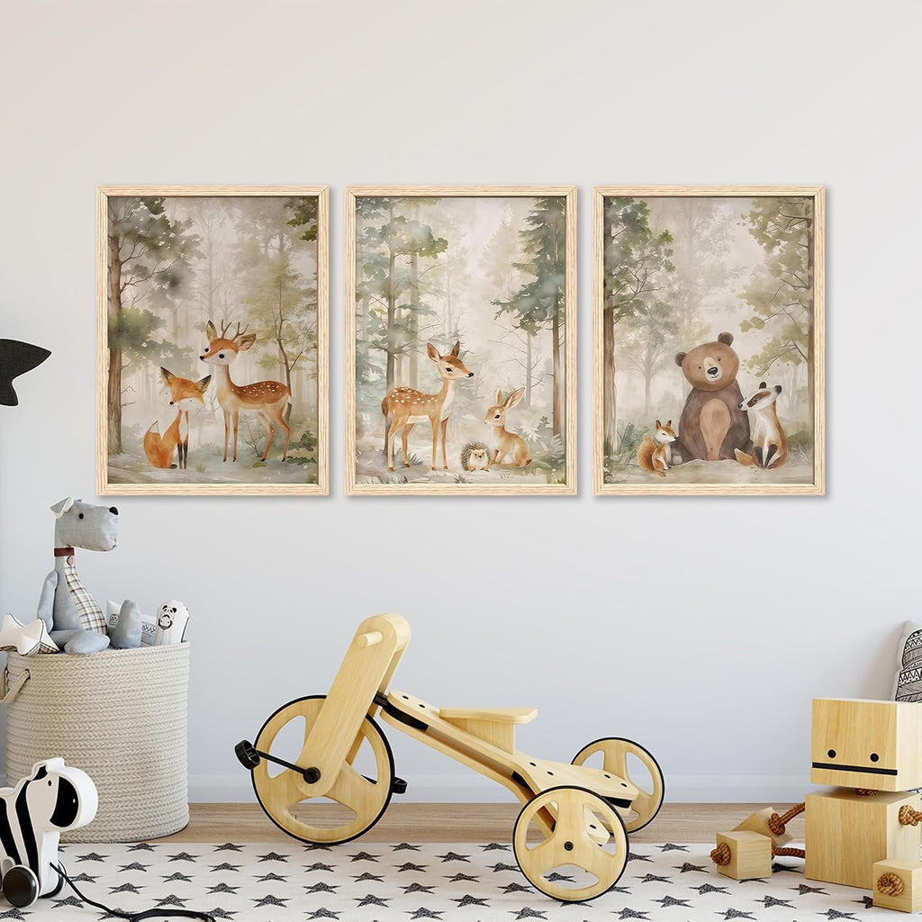 Woodland Animals Nursery Decor Framed Canvas Wall Art, 12x16 In 3pc | Cute Bear Fox Deer, Neutral Forest Animals