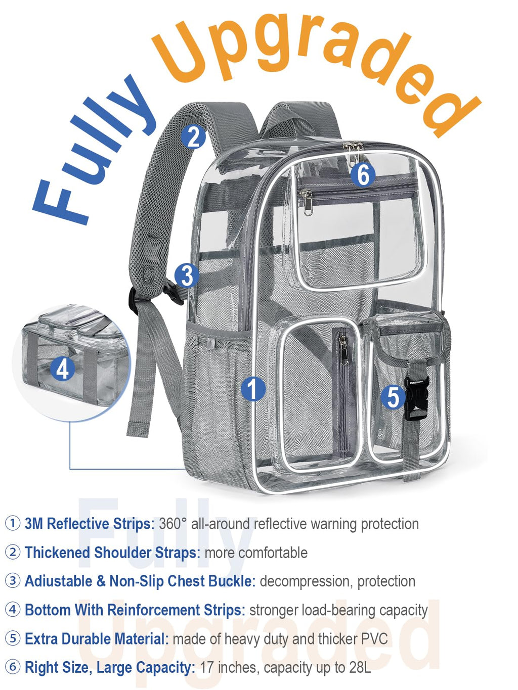 Clear Backpack for School, 17" Heavy Duty Double-Layer Clear Bookbag
