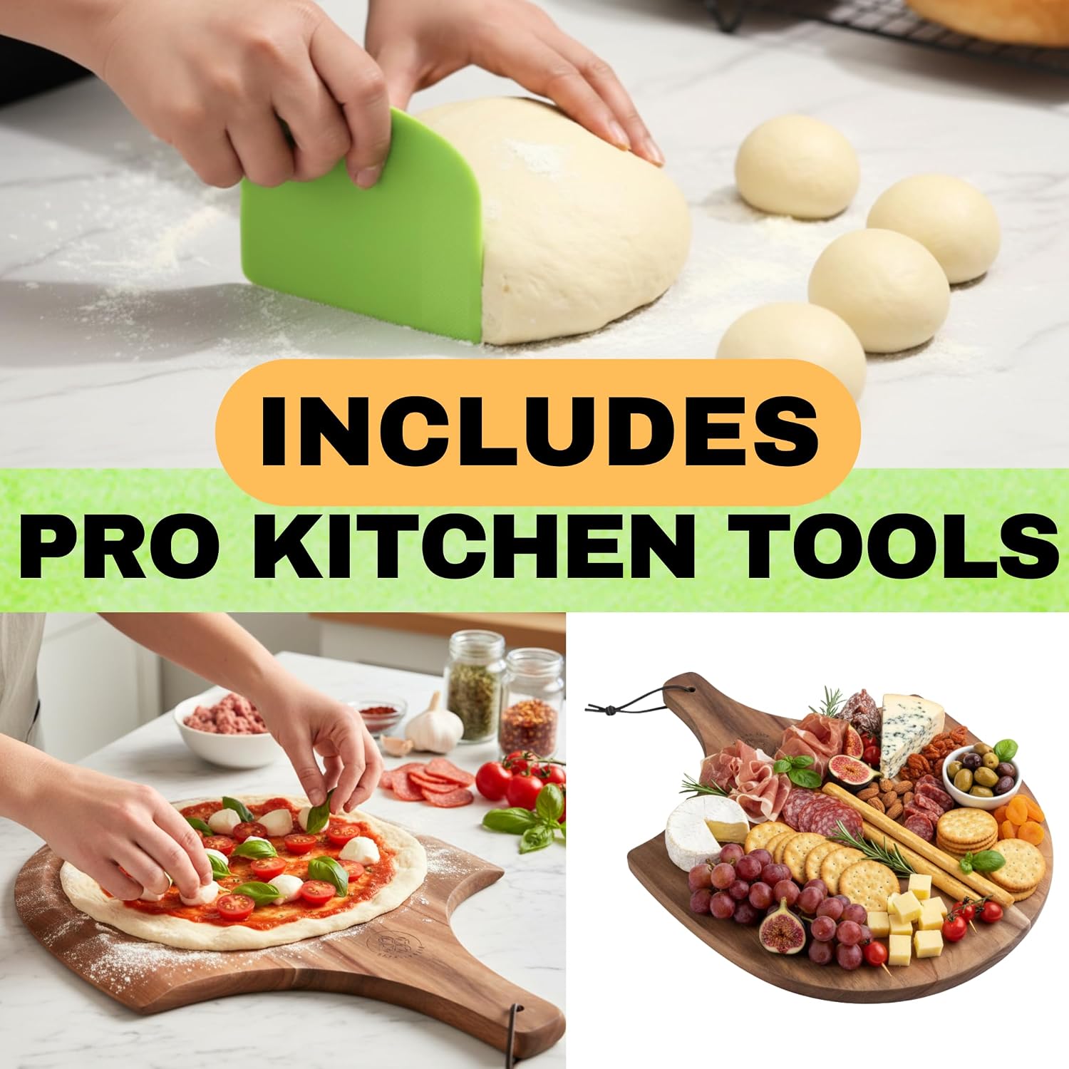 Pizza Stones for Oven and Grill - Pizza Stone with Handles, Wooden Peel and Dough Tool - 15 inch x 12 inch