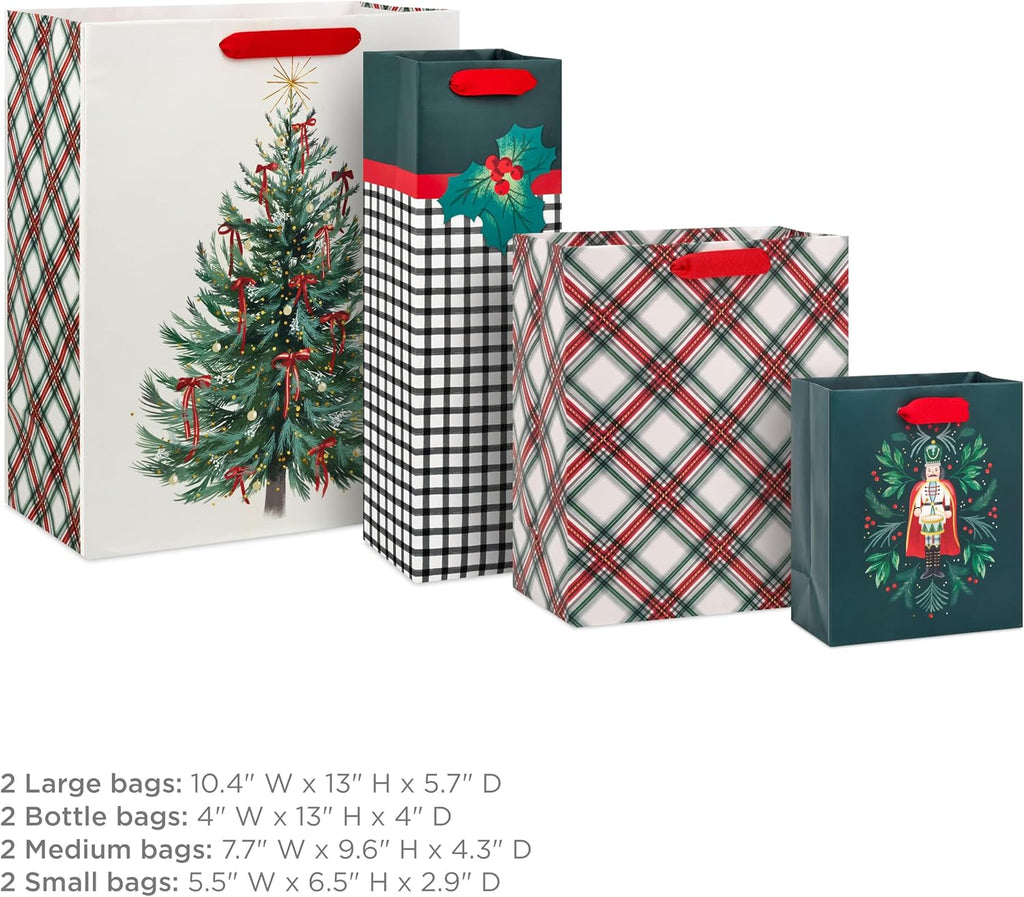 Christmas Gift Bags, Assorted 8-Pack (Nutcracker, Plaid, Tree)