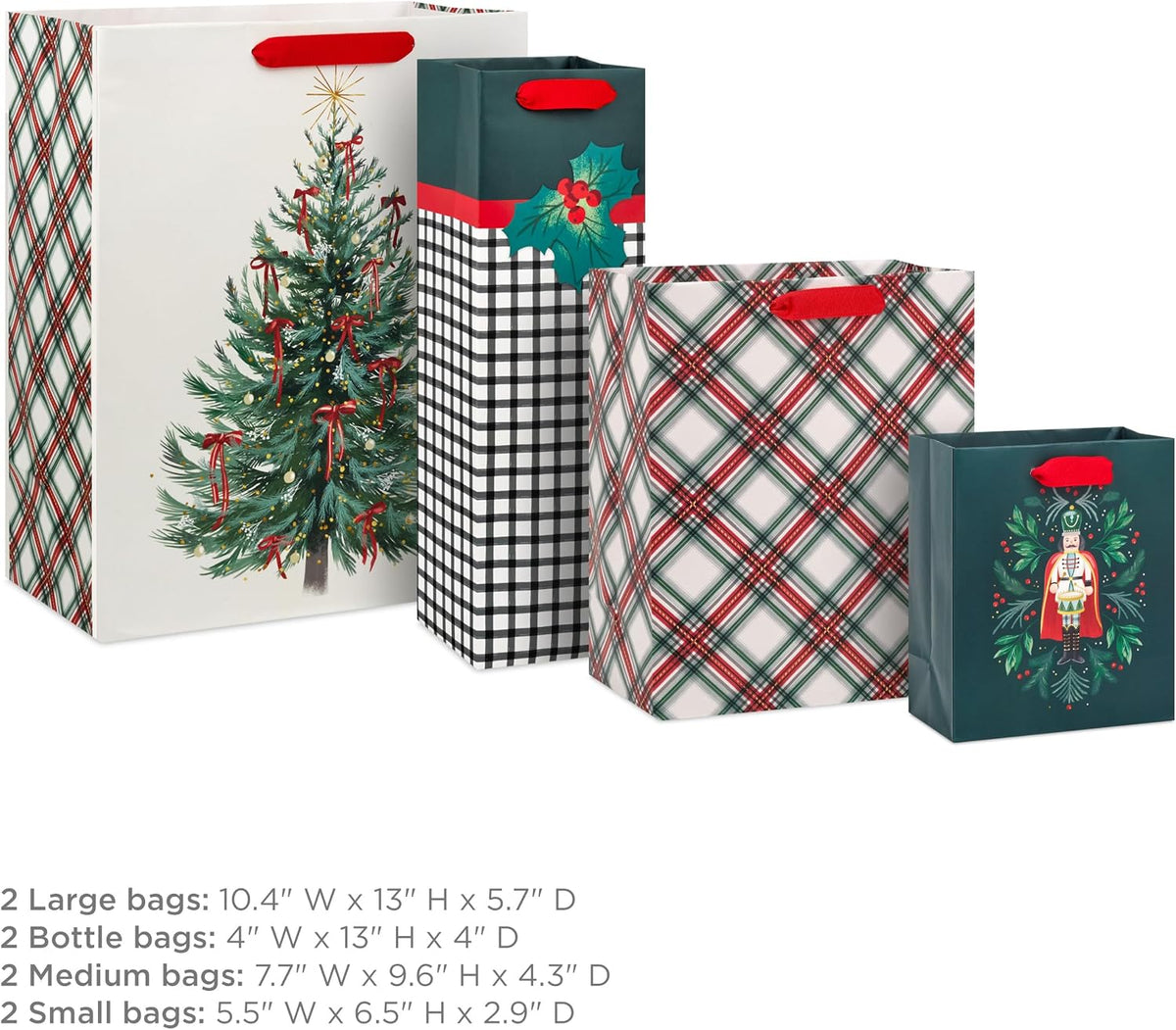 Christmas Gift Bags, Assorted 8-Pack (Nutcracker, Plaid, Tree)