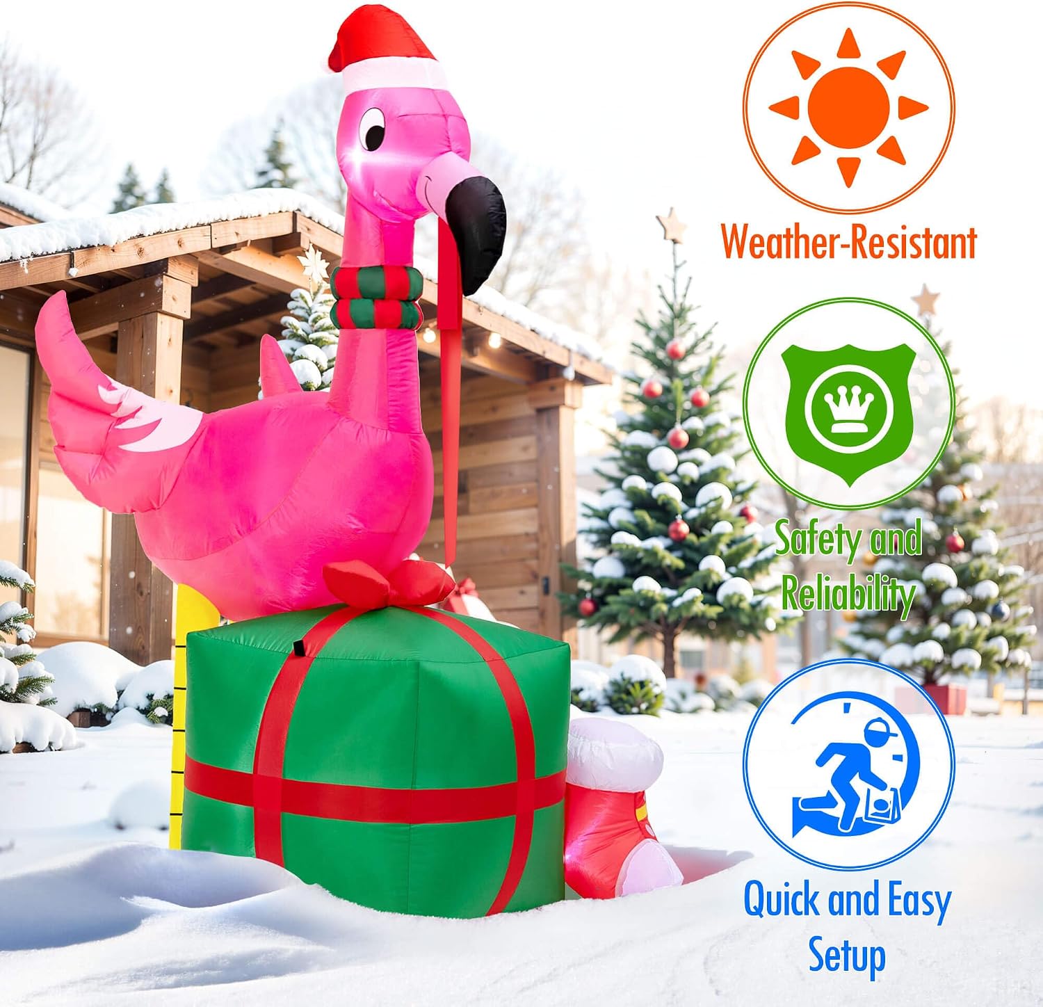 Christmas Inflatables Outdoor Decorations - 6FT Christmas Blow Up Flamingo LED Lights with Gift Box & Christmas