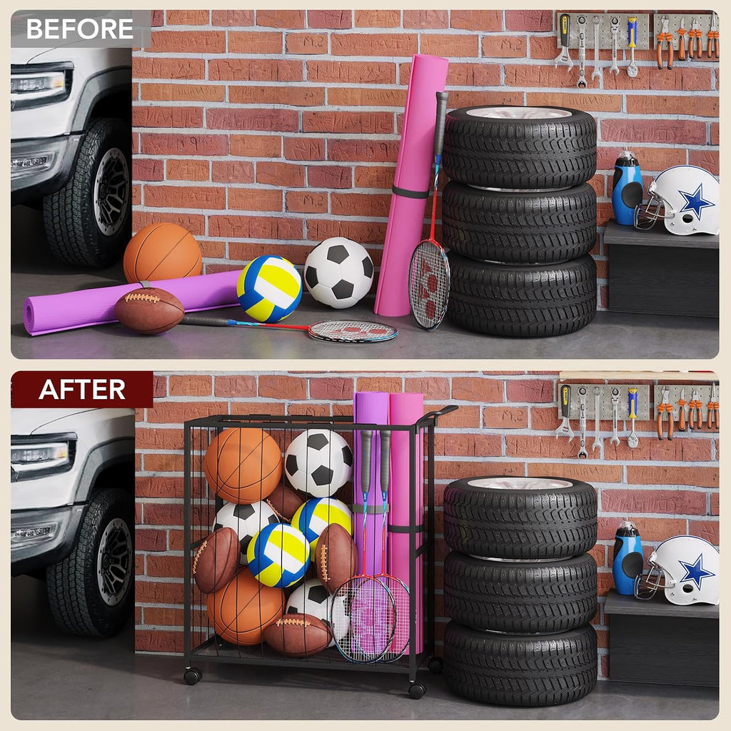 Ball Storage Bin Rolling Sports Ball Cart, Black | Metal Garage Organizer Sport Rack, Ball Basket Storage, Toys Cage