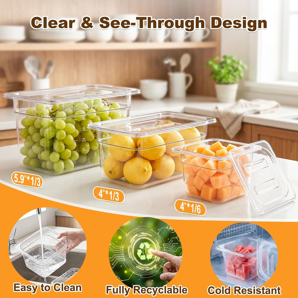 6-Pack 1/6 Size 4''Deep NSF Polycarbonate Food Pans with Lid, Clear
