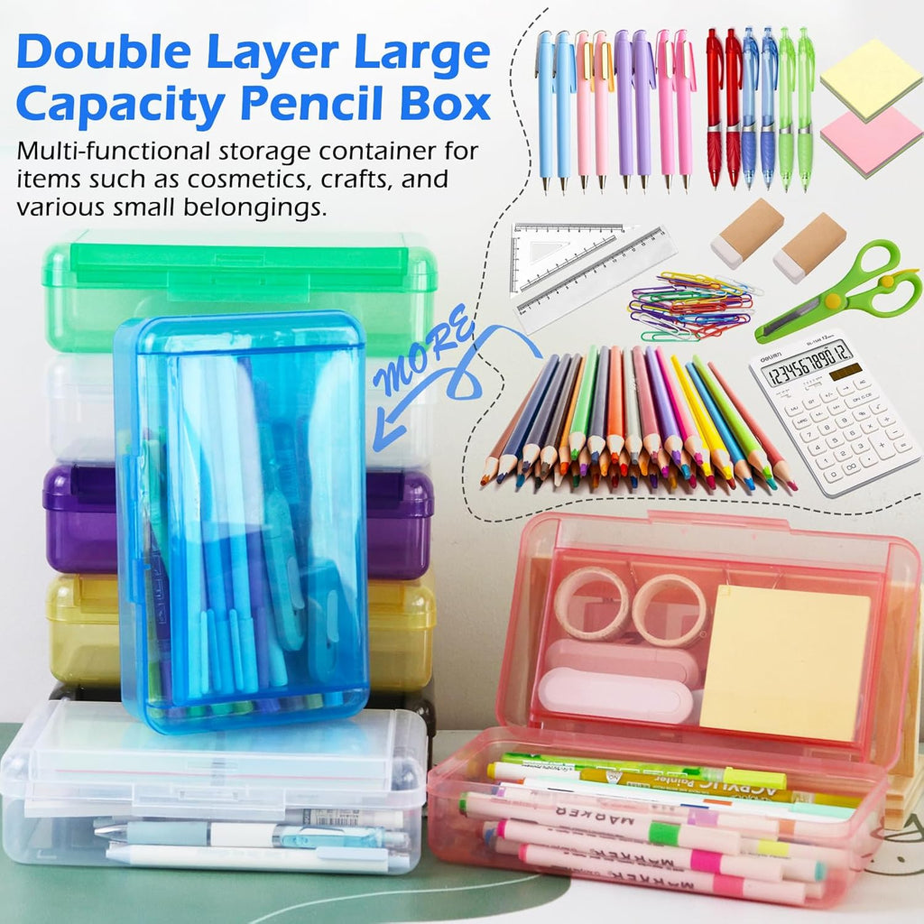 Double Layer Plastic Clear Hard Colored Pencil Box Case Pen Crayon Box | Cute Color Hard Clear Pen Case with