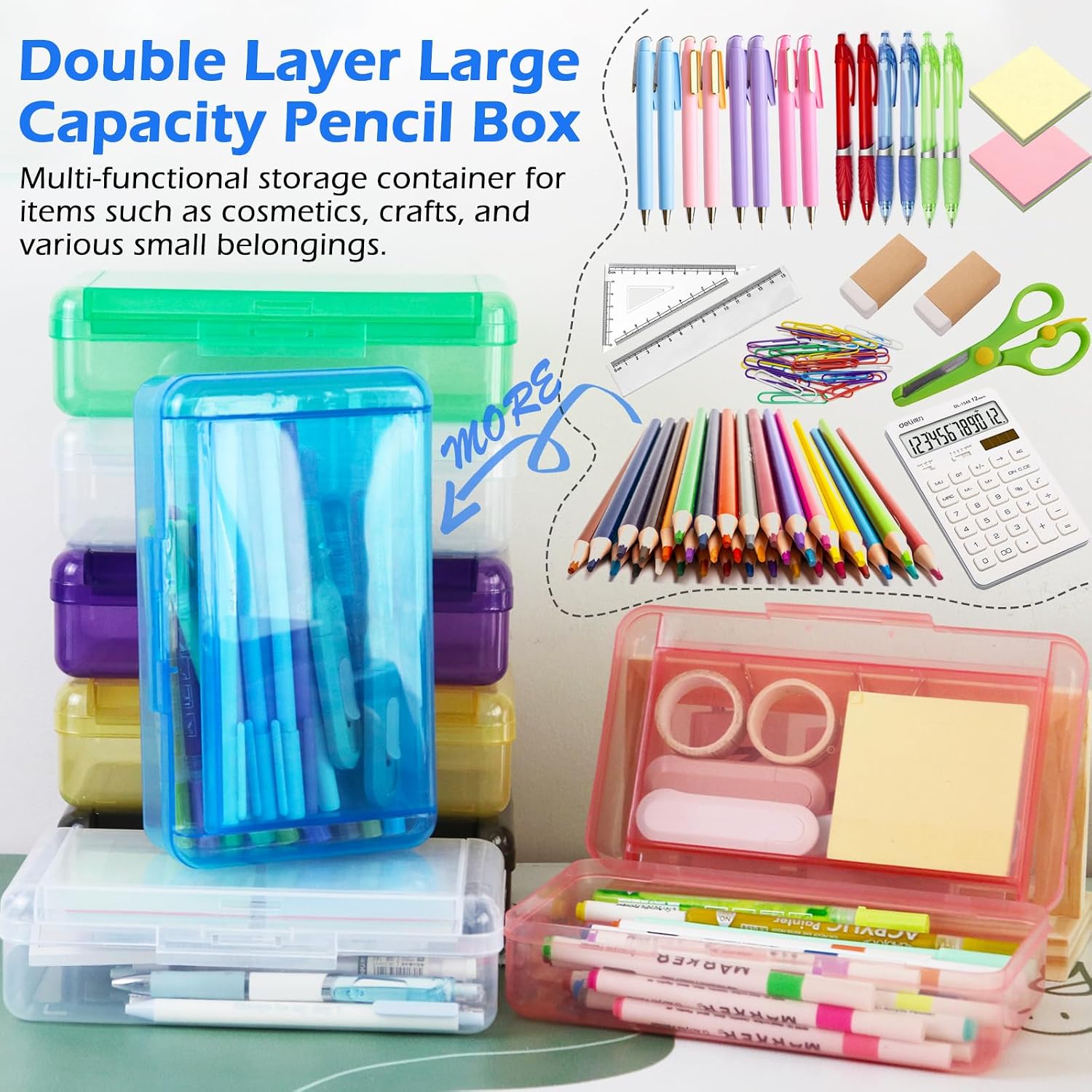 Double Layer Plastic Clear Hard Colored Pencil Box Case Pen Crayon Box | Cute Color Hard Clear Pen Case with