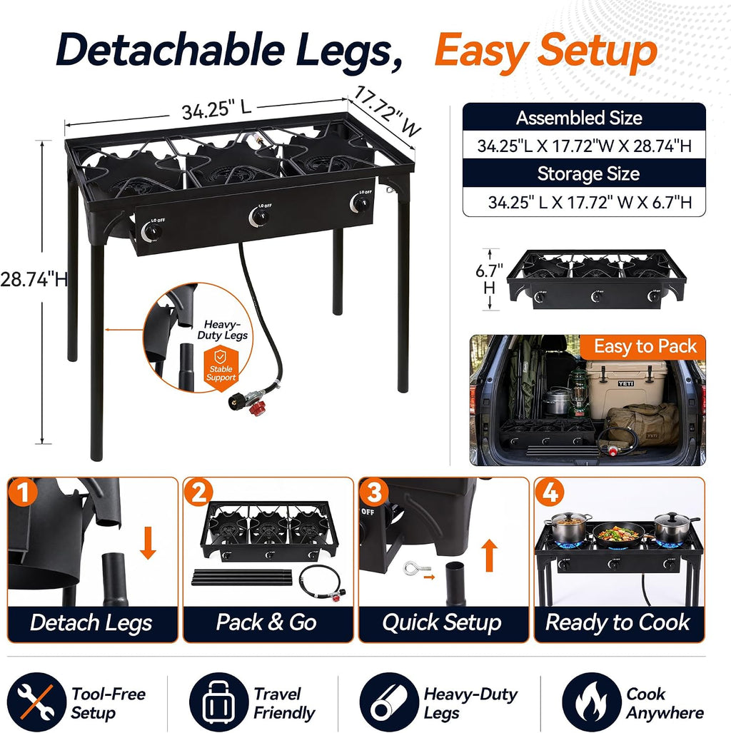 3 Burner Propane Stove, 225,000 BTU Outdoor Cooker | 75,000 BTU per burner, CSA regulator and hose included, manual