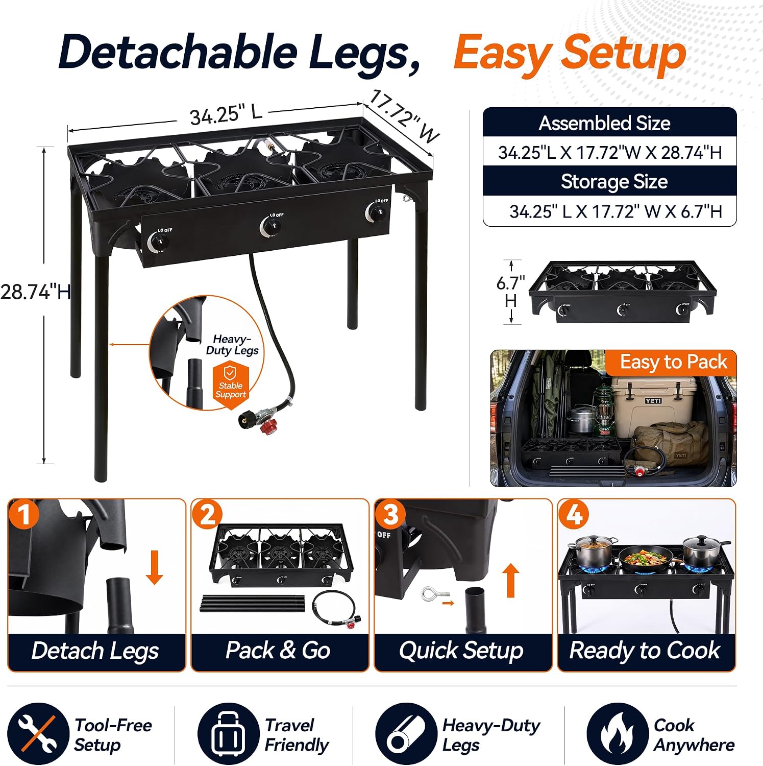 3 Burner Propane Stove, 225,000 BTU Outdoor Cooker | 75,000 BTU per burner, CSA regulator and hose included, manual