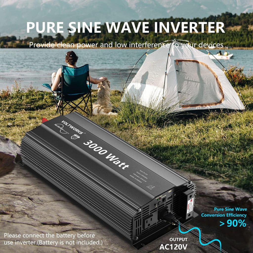 3000 Watt Pure Sine Wave Inverter 12V DC to 110V 120V AC VOLTWORKS | UL Fuses 3000W Power Inverter for Home RV Truck