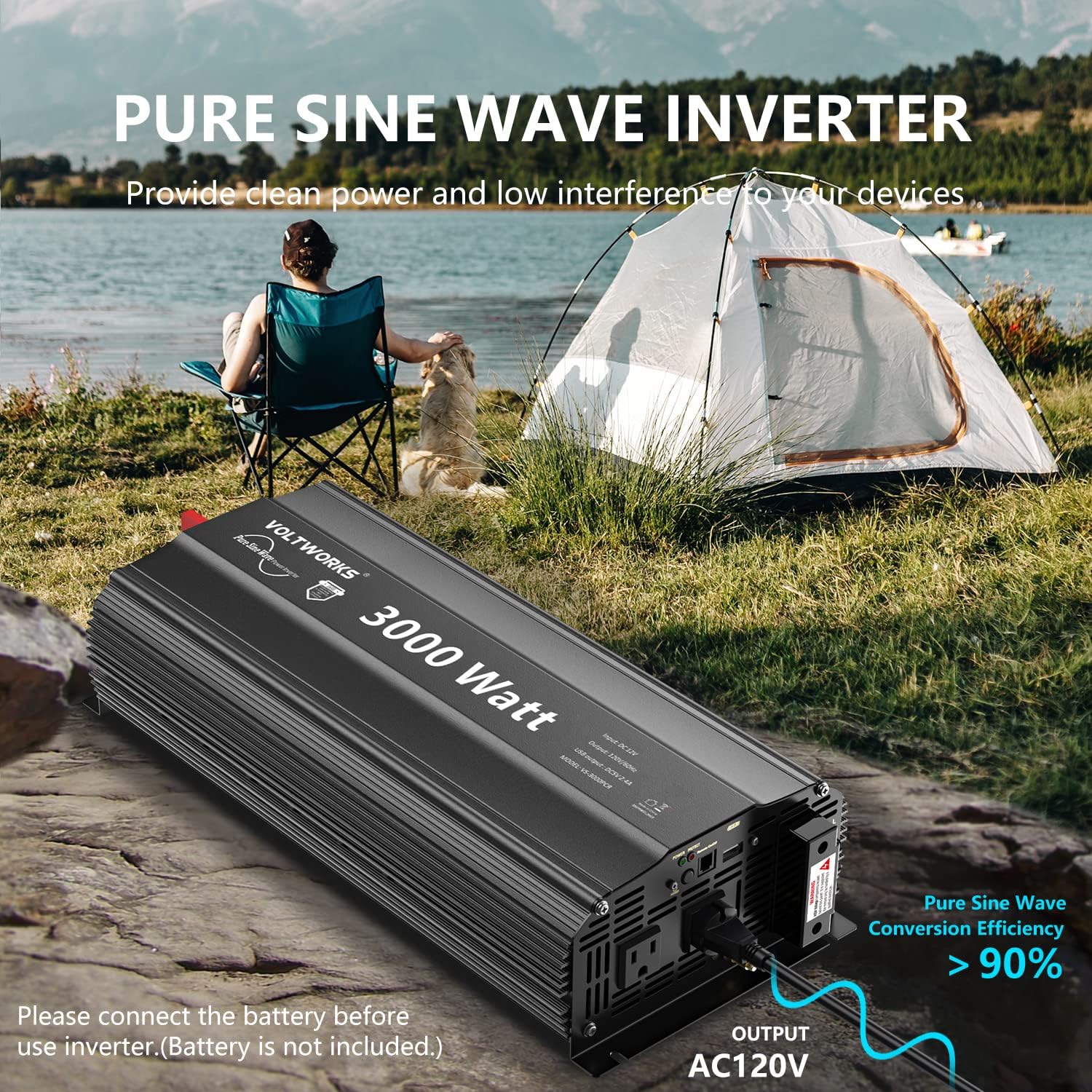 3000 Watt Pure Sine Wave Inverter 12V DC to 110V 120V AC VOLTWORKS | UL Fuses 3000W Power Inverter for Home RV Truck