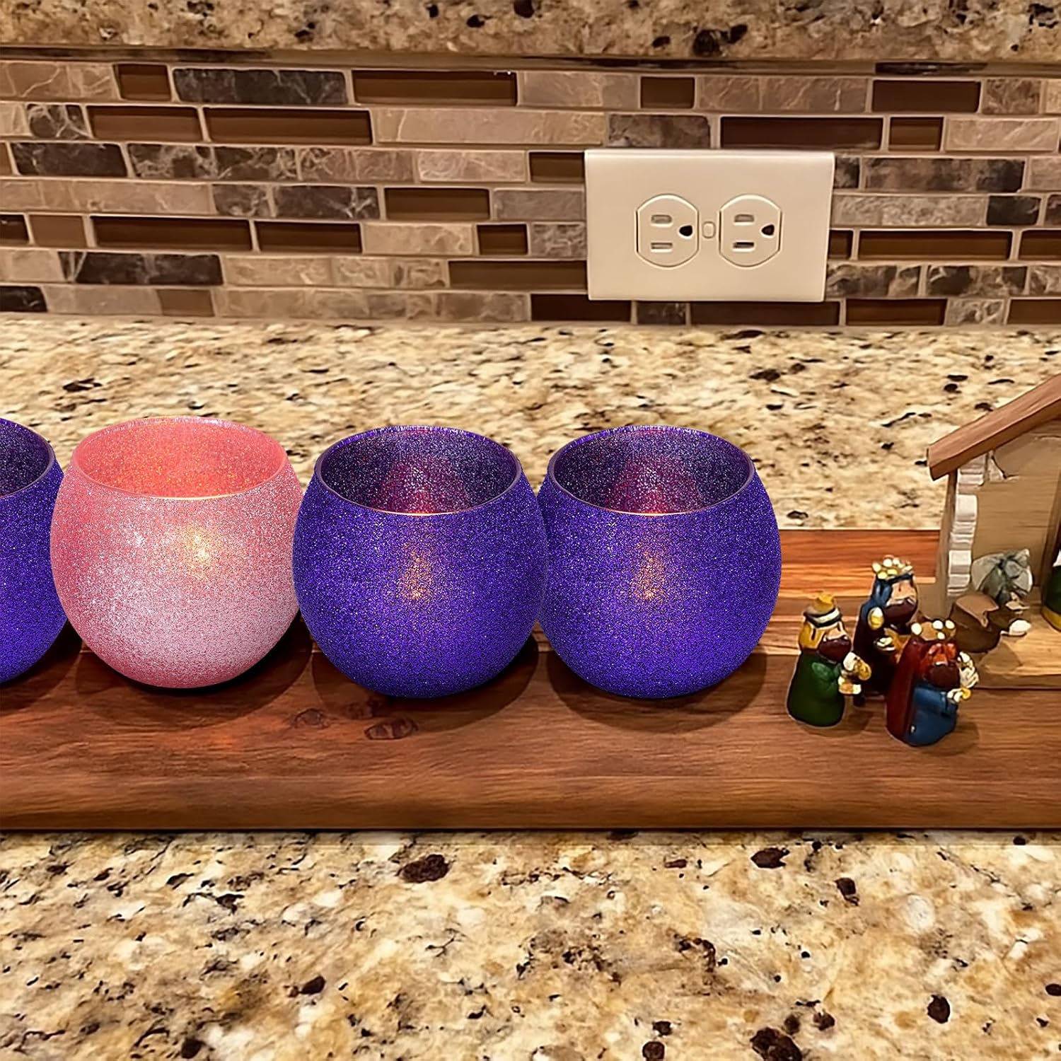 4 Set Christmas Advent Candle Holders Glass Glitter Tealight