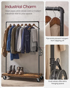 Clothes Rack, Heavy-Duty Rolling Garment Rack with Shelf | Industrial Pipe Style