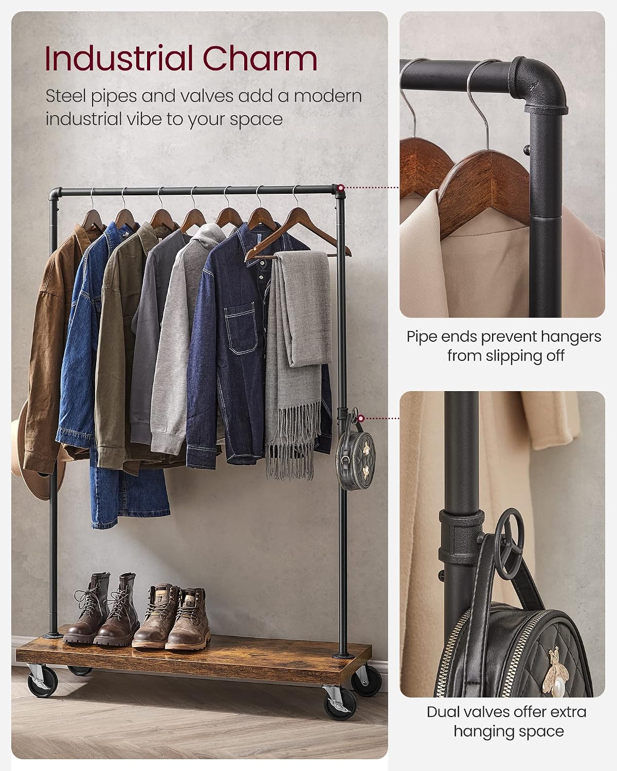 Clothes Rack, Heavy-Duty Rolling Garment Rack with Shelf | Industrial Pipe Style