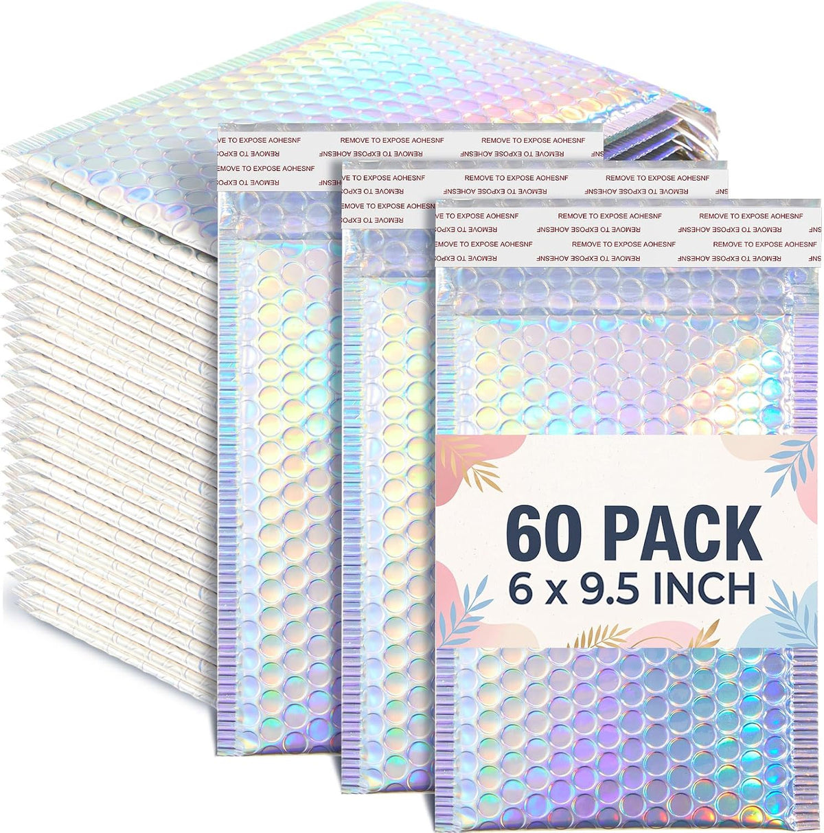 60 Pcs 6 x 9.5 Inch Holographic Bubble Mailers, Usable Size 5" x 8"