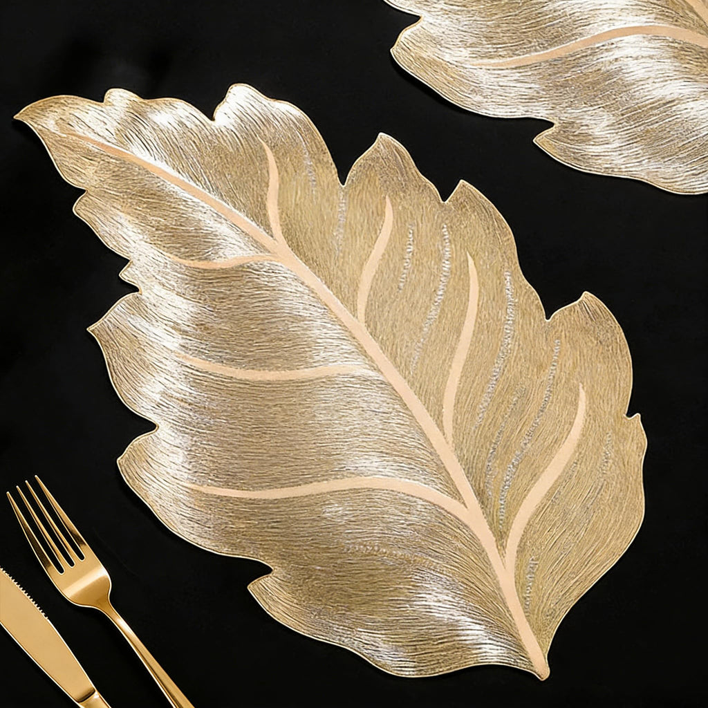 Gold Vinyl Placemats Set of 6, Washable Leaf Patterned Table Mats
