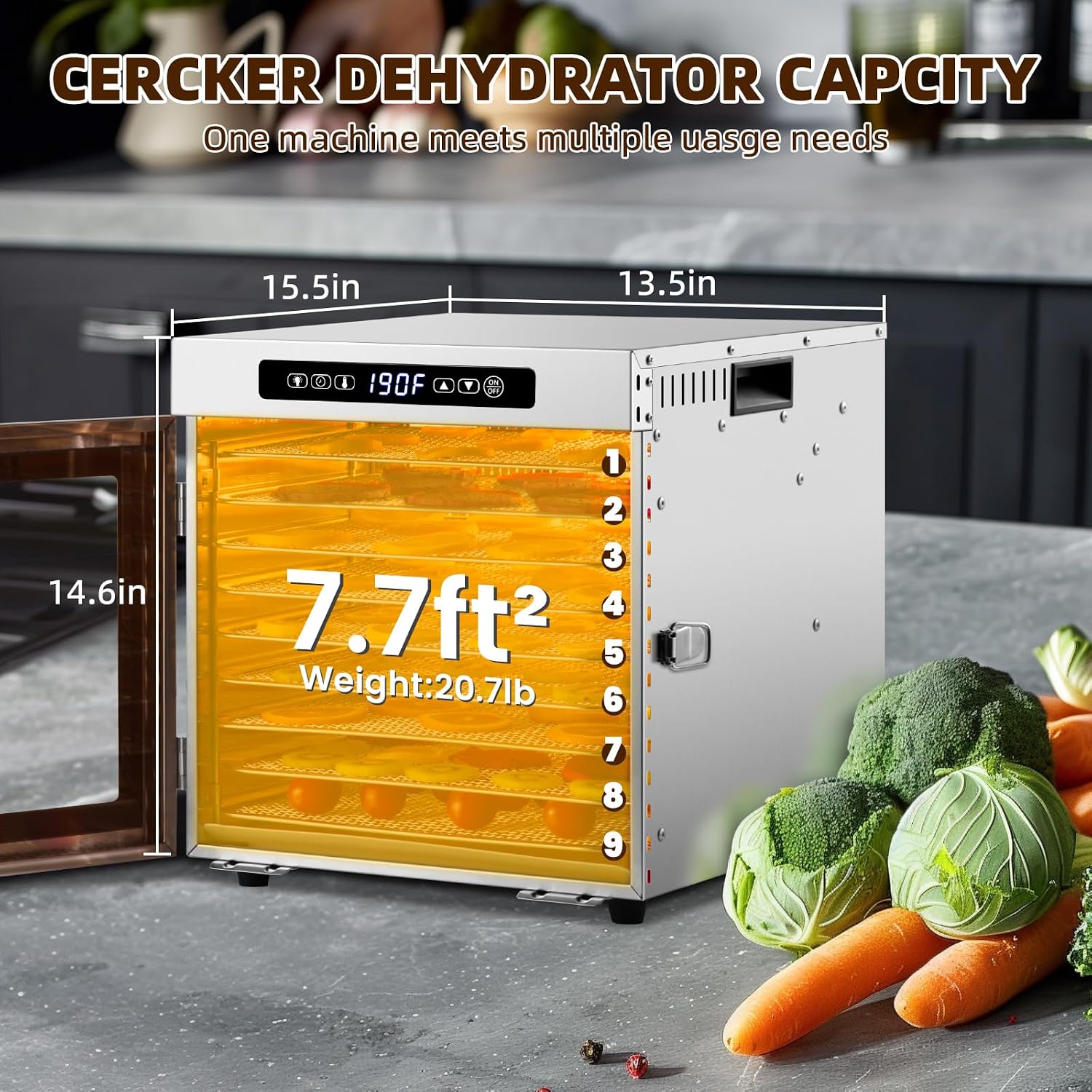 Meat Dehydrator for Jerky Maker 9 Trays 1000W Dryer Machine for Fruit Beef