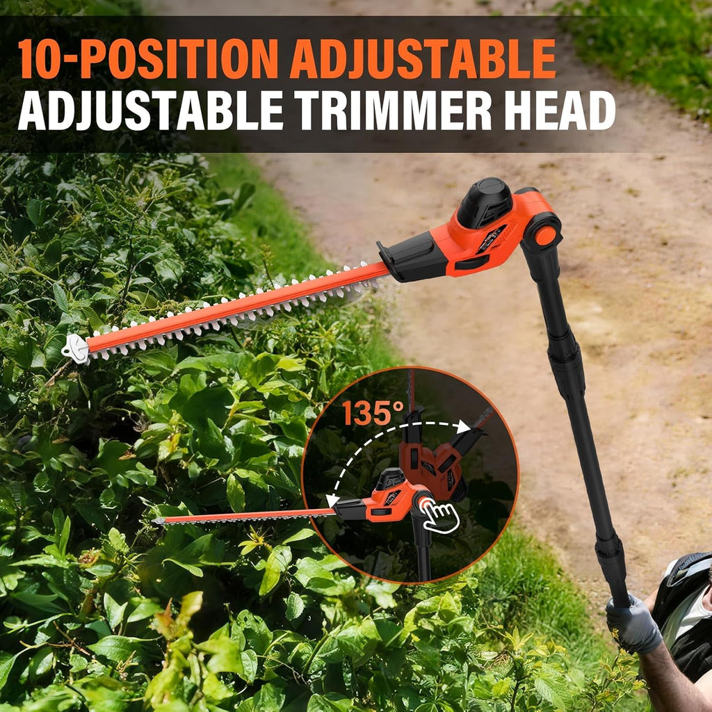 Hedge Trimmer 18-Inch Cordless Pole Hedge Trimmer | 16-Feet Max Reach Hedge Trimmer with Extension Pole, Multi-Angle
