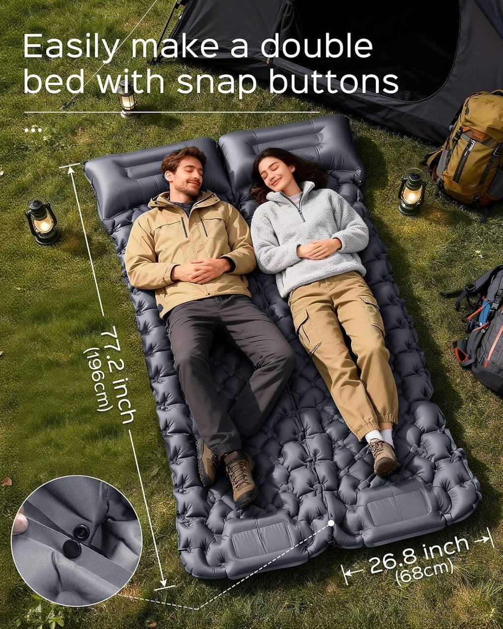 Sleeping Pad, 3.9" Thick Inflatable Mattress with Pillow&Pump | Built-in Pump, Quick Inflate, Button Design Connects