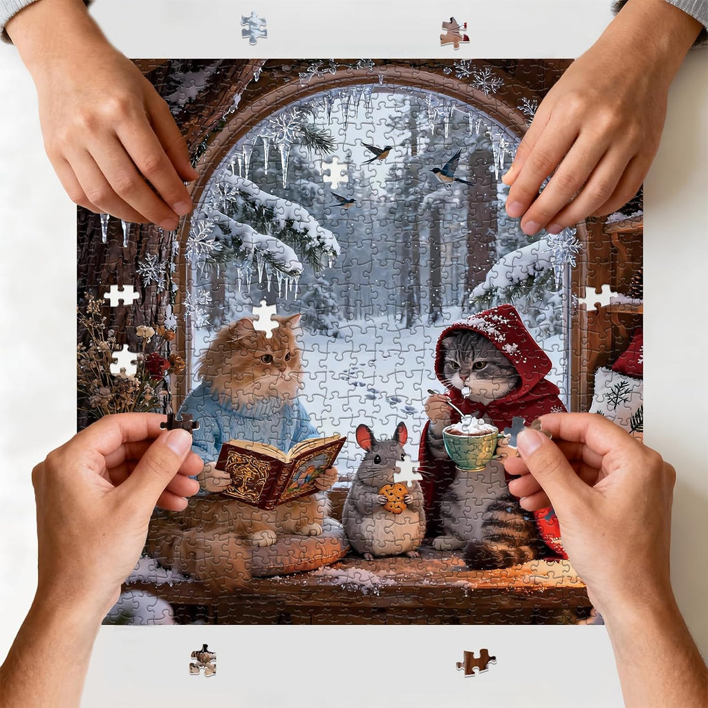 Puzzle for Adults 1024 Pieces, Cozy Winter Forest Cat & Chinchilla Jigsaw Puzzle, Challening Impossible Difficult