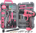 Pink Tool Set with 8V Drill Set. Complete Cordless & Rechargeable USB Electric Drill Driver Kit for Women, Home DIY